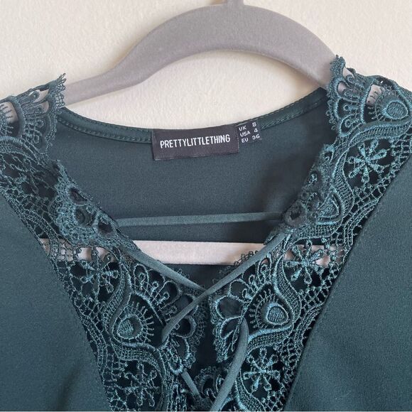PrettyLittleThing Emerald Green Lace Up Long Sleeve Thong Bodysuit Size 4 - Picture 6 of 9